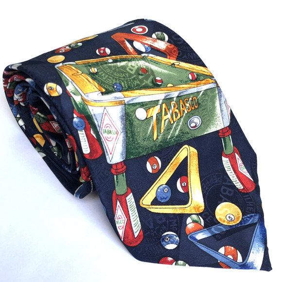 Pool Table Neck Tie Tabasco 1990s Blue Red Retro Silk USA Made Hot SauceD - Picture 2 of 7